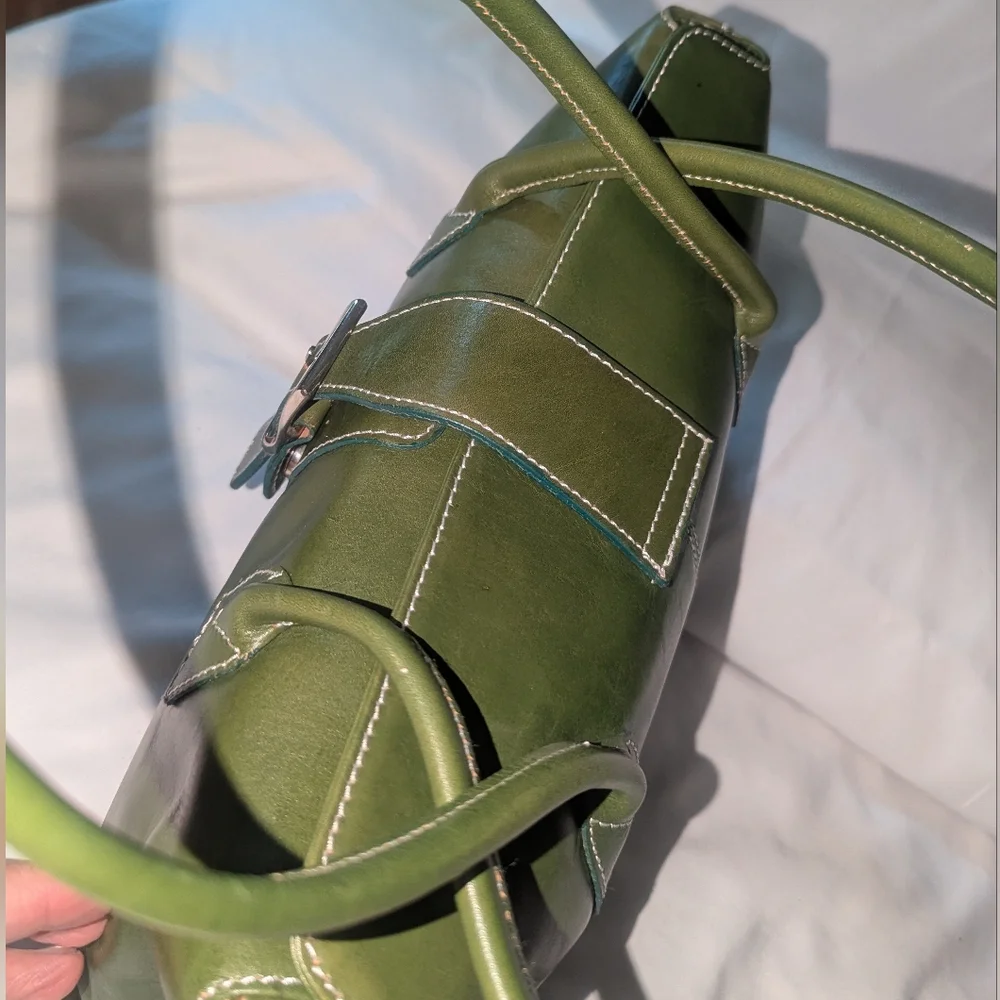 Vera Pelle Green Leather Shoulder Bag.Made In Italy